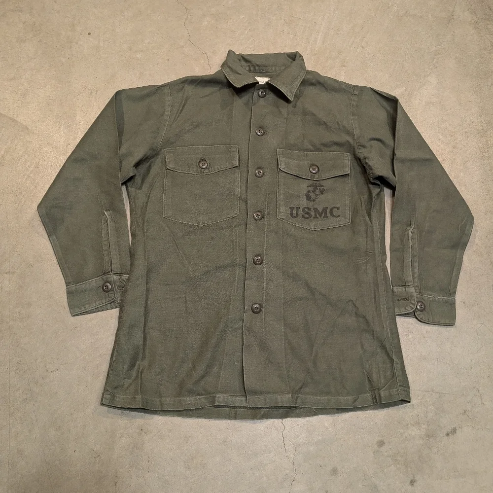 VTG 70s USMC Sateen Utility Shirt Olive Green Military Utility Shirt Jacket